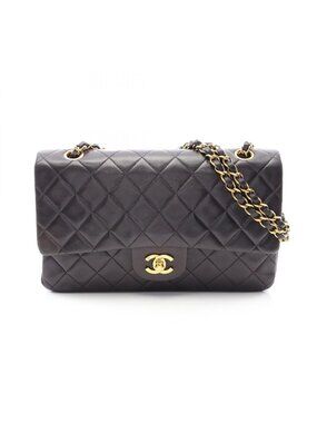 Chanel Shoulder Bag Quilted Double Flap Black Lambskin Chain